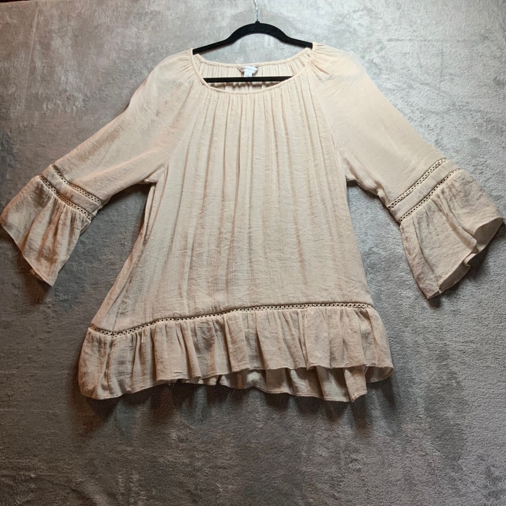 Counterpart Women Beige Bell Sleeve Peasant Blouse Lace Trim Prairie Top L
